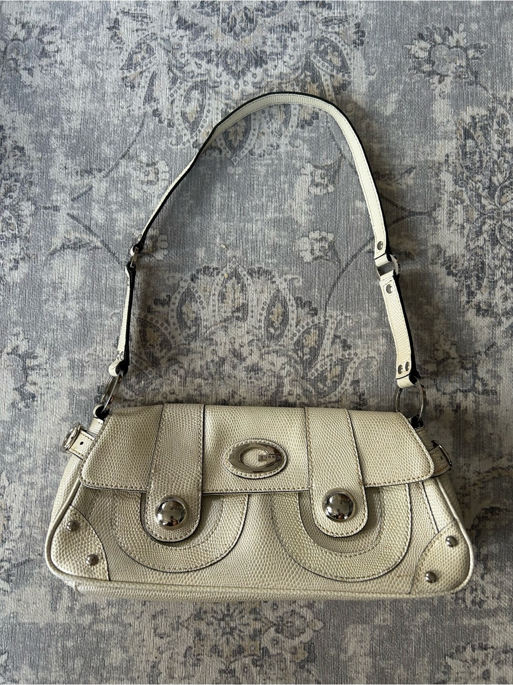 Vintage GUESS Cream Shoulder Bag with Silver Accents